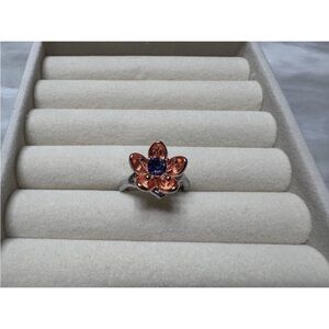 Jewelry Flower Ring with Orange Petals & Blue Center Glass Stone, Size 8
